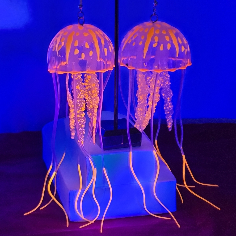 Neon Jellyfish Glow Blacklight Orange Silicone Earrings Rave Festival Statement